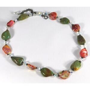 Necklace tumbled polished Green Agate Pink stones faceted glass beads costume
